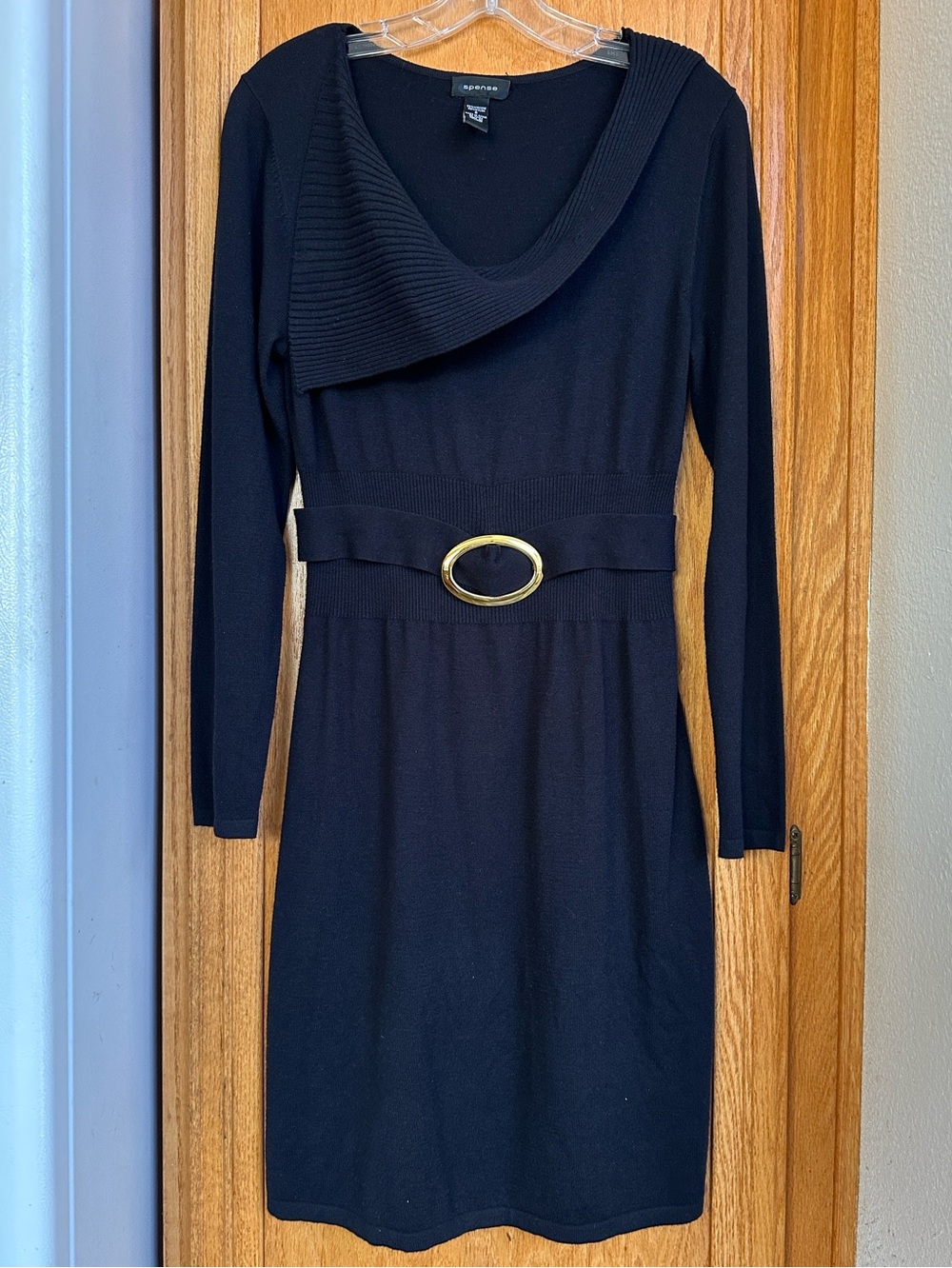 Spense Black Knit Long Sleeve Sweater Dress With Gold Buckle Belt Size S